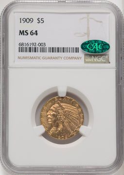1909 $5 CAC Indian Half Eagle NGC MS64