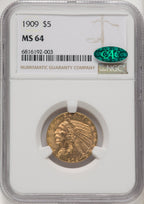 1909 $5 CAC Indian Half Eagle NGC MS64