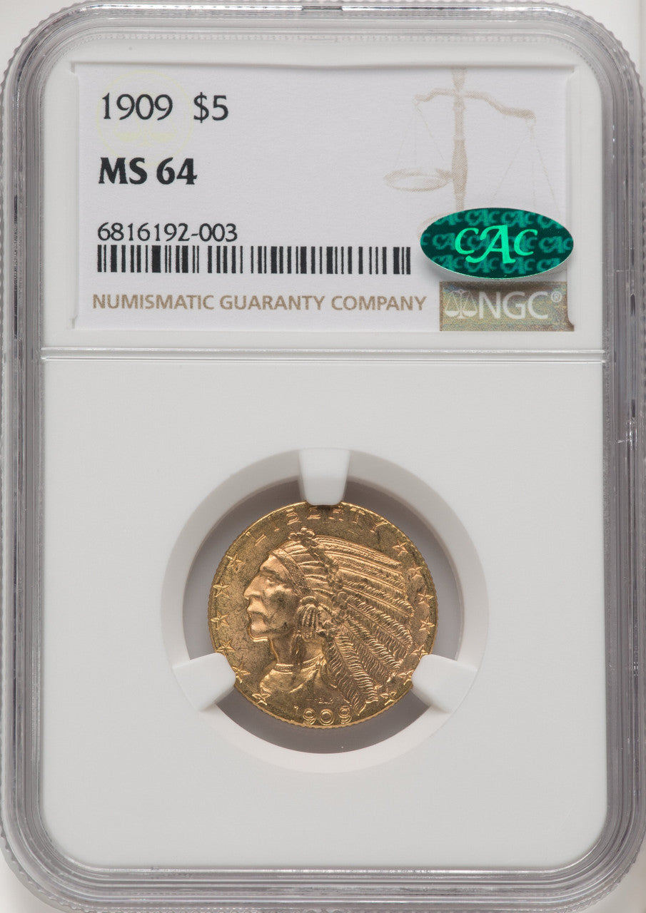 1909 $5 CAC Indian Half Eagle NGC MS64