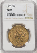 1858 $20 Liberty Double Eagle NGC AU55