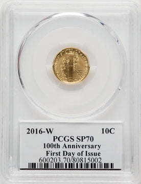 2016-W 10C Mercury Dime Gold 100th Anniversary FDI Mercanti Mercury Dime PCGS MS70