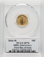 2016-W 10C Mercury Dime Gold 100th Anniversary FDI Mercanti Mercury Dime PCGS MS70