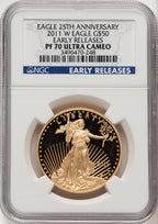 2011-W $50 One-Ounce Gold Eagle 25th Anniversary First Strike ER Blue NGC PF70