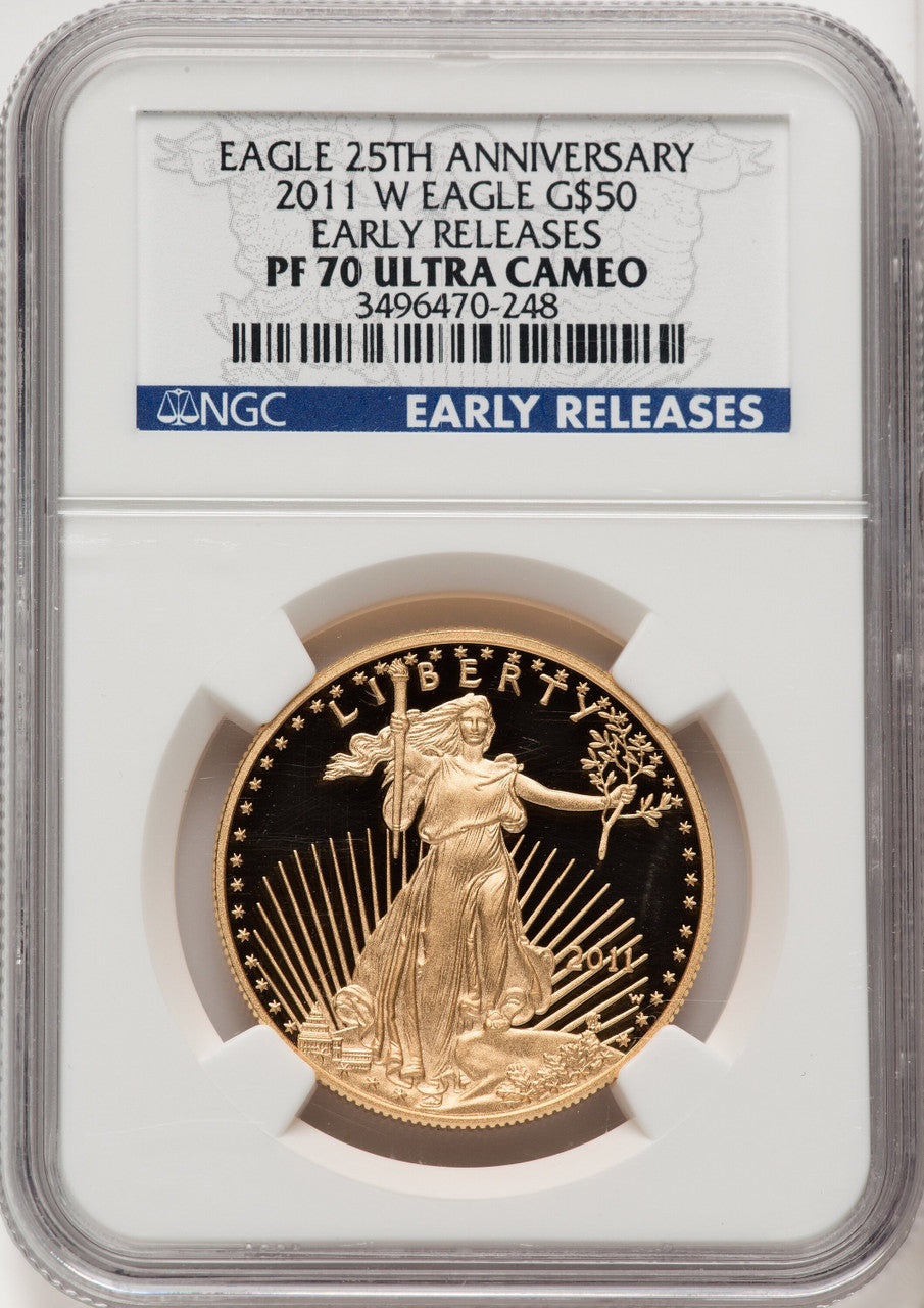 2011-W $50 One-Ounce Gold Eagle 25th Anniversary First Strike ER Blue NGC PF70