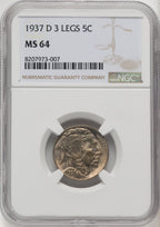 1937-D 5C Three-Legged FS-901 Buffalo Nickel NGC MS64 (910471013)