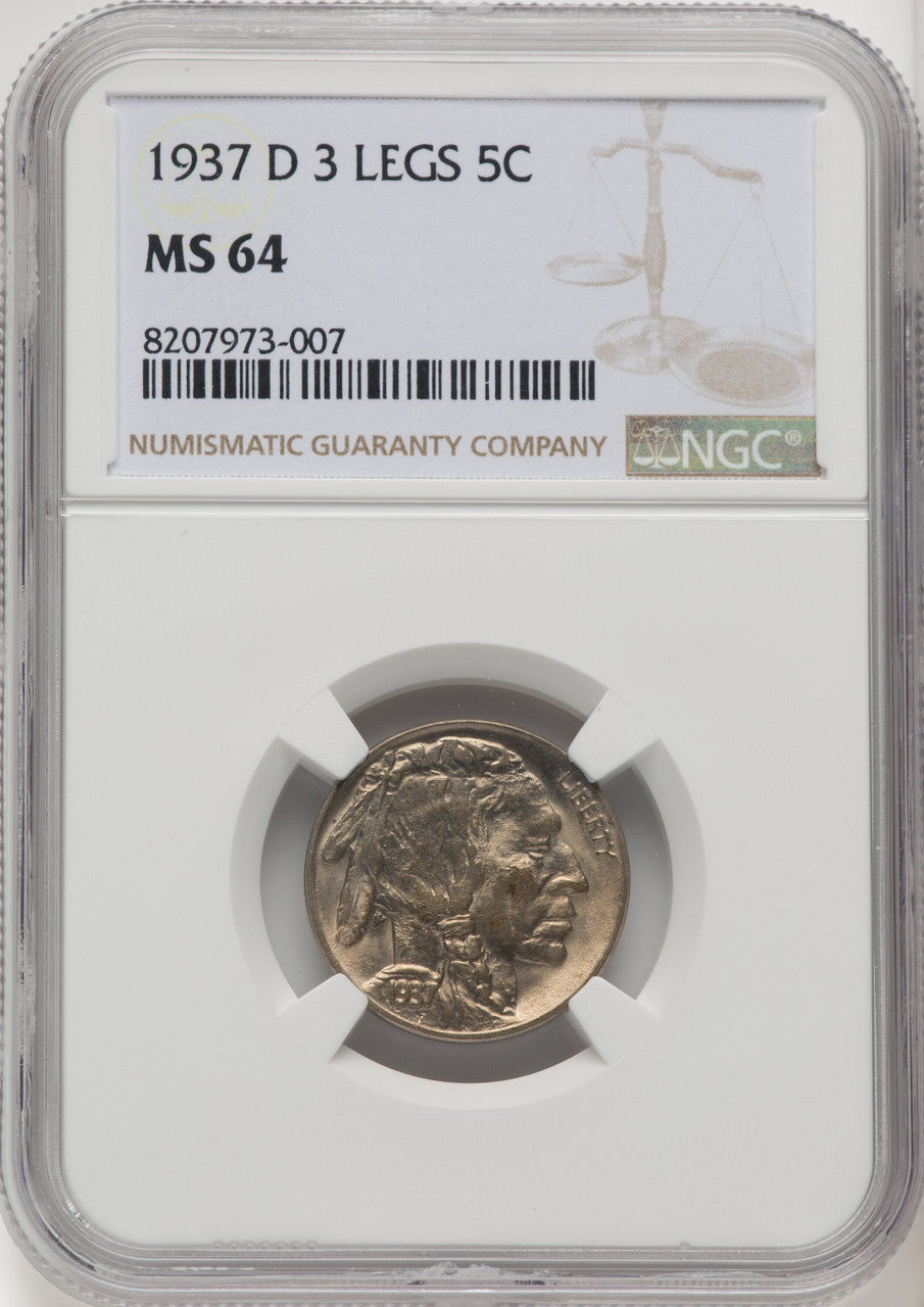 1937-D 5C Three-Legged FS-901 Buffalo Nickel NGC MS64 (910471013)