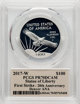 2017-W $100 One-Ounce Platinum Eagle Statue of Liberty 20th Anniversary Thomas Cleveland Art Deco Denver ANA First Strike DC. Thomas Cleveland Art Deco PCGS PR70