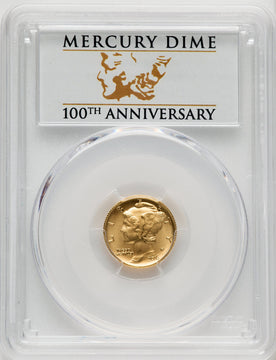 2016-W 10C Mercury Dime Gold 100th Anniversary First Strike Label FS 100th Anniversary PCGS SP70