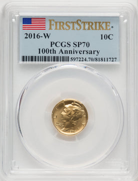 2016-W 10C Mercury Dime Gold 100th Anniversary First Strike FDI Flag PCGS SP70