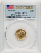 2016-W 10C Mercury Dime Gold 100th Anniversary First Strike FDI Flag PCGS SP70