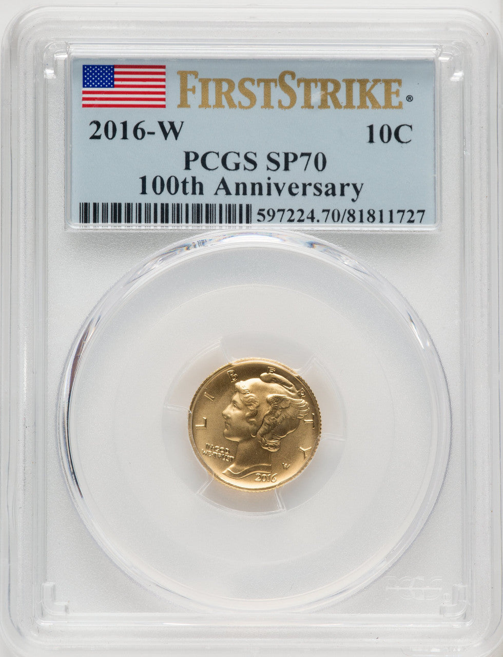 2016-W 10C Mercury Dime Gold 100th Anniversary First Strike FDI Flag PCGS SP70