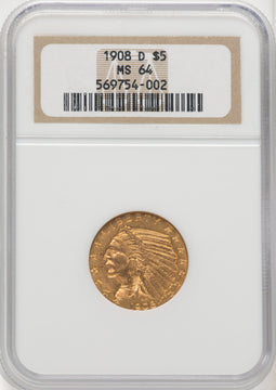 1908-D $5 Indian Half Eagle NGC MS64 (770582022)