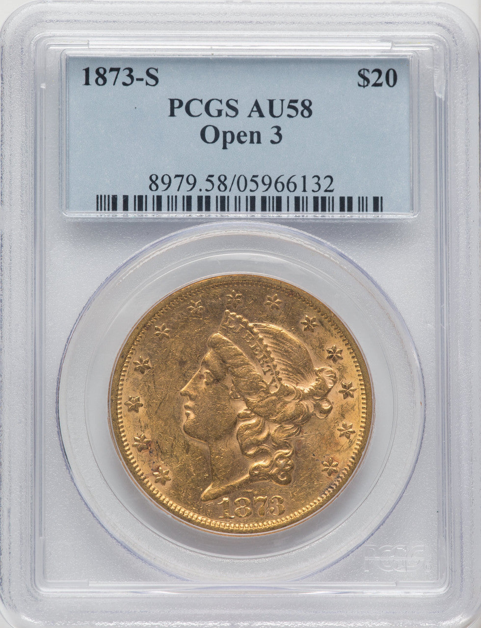 1873-S $20 OPEN 3 Liberty Double Eagle PCGS AU58
