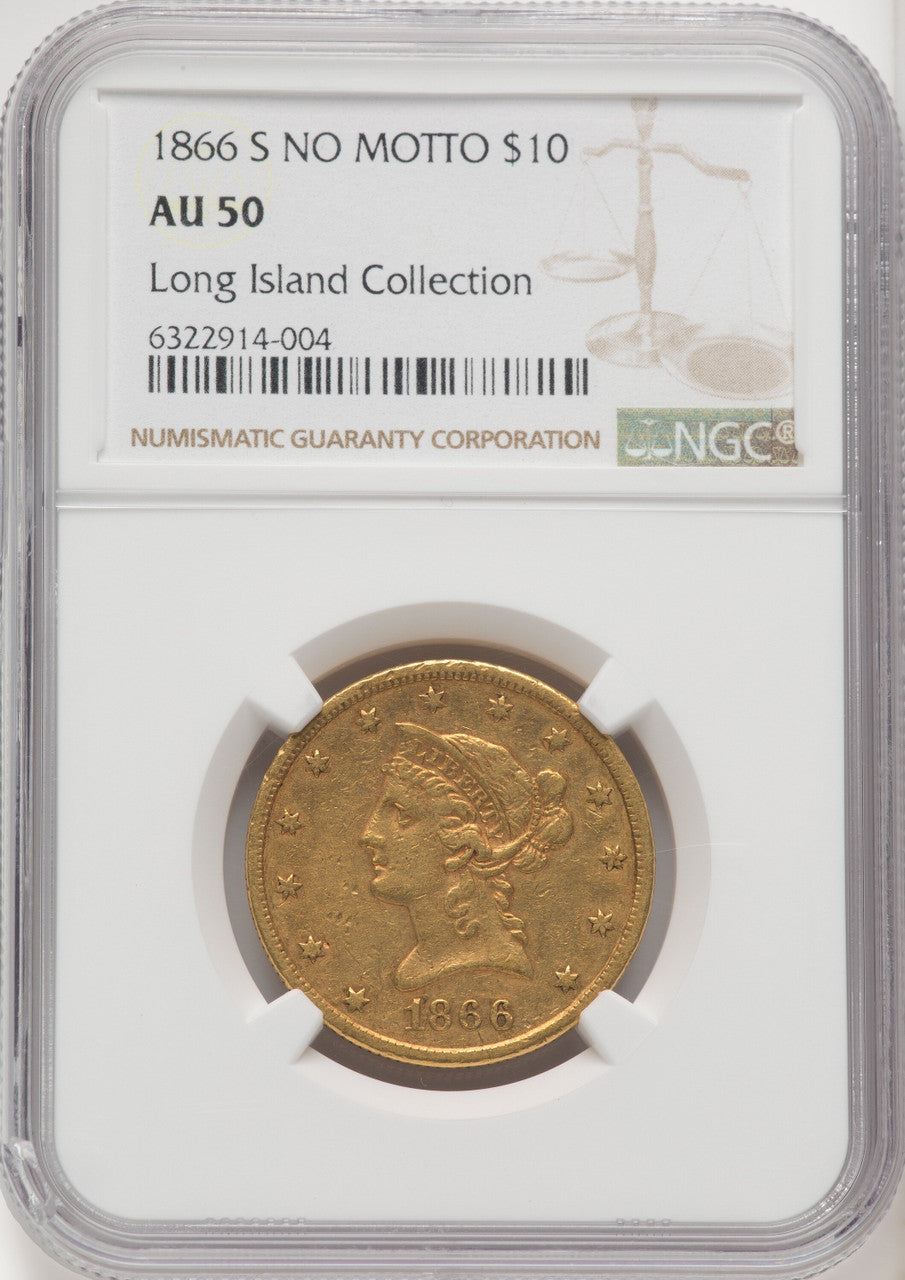 1866-S $10 NO MOTTO Liberty Eagle NGC AU50
