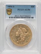 1854-S $20 Liberty Double Eagle PCGS AU50