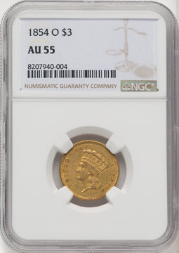 1854-O $3 Three Dollar Gold Pieces NGC AU55 (770677027)
