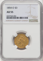 1854-O $3 Three Dollar Gold Pieces NGC AU55 (770677027)