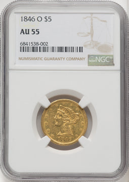 1846-O $5 Liberty Half Eagle NGC AU55