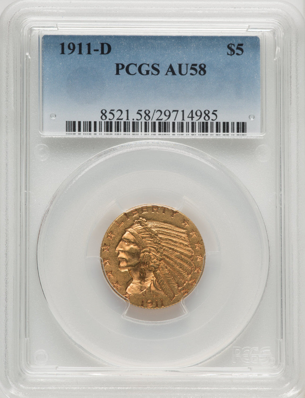 1911-D $5 Indian Half Eagle PCGS AU58