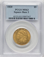 1820 $5 Square Base 2 Large Letters Early Half Eagle PCGS MS63