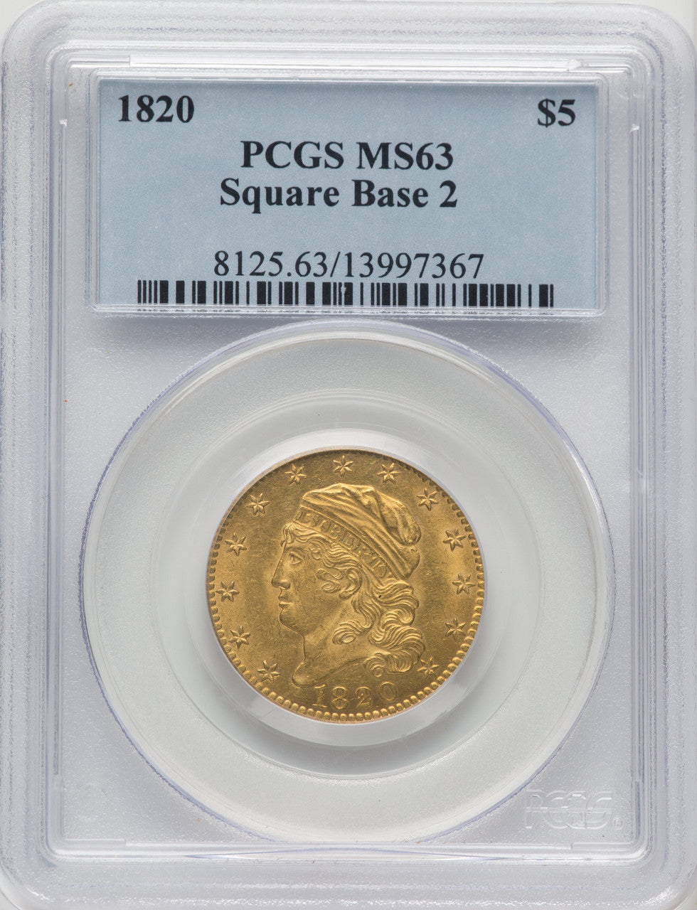 1820 $5 Square Base 2 Large Letters Early Half Eagle PCGS MS63