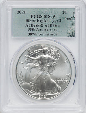 2021 American Silver Eagle Type 2 At Dusk & Dawn 35th Anniversary 307th PCGS MS69