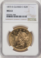 1873-S $20 Closed 3 Liberty Double Eagle NGC MS61