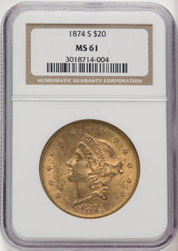 1874-S $20 Liberty Double Eagle NGC MS61 (519392110)
