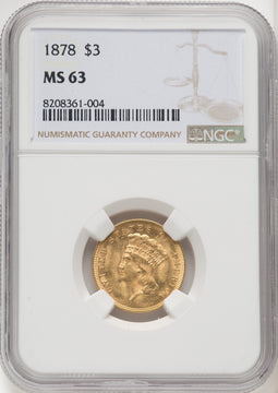 1878 $3 Three Dollar Gold Pieces NGC MS63 (770218039)