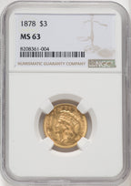 1878 $3 Three Dollar Gold Pieces NGC MS63 (770218039)