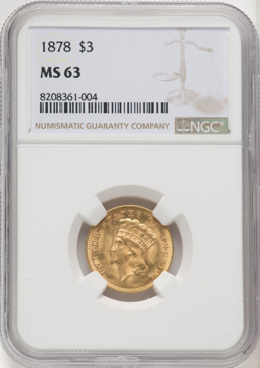 1878 $3 Three Dollar Gold Pieces NGC MS63 (770218039)