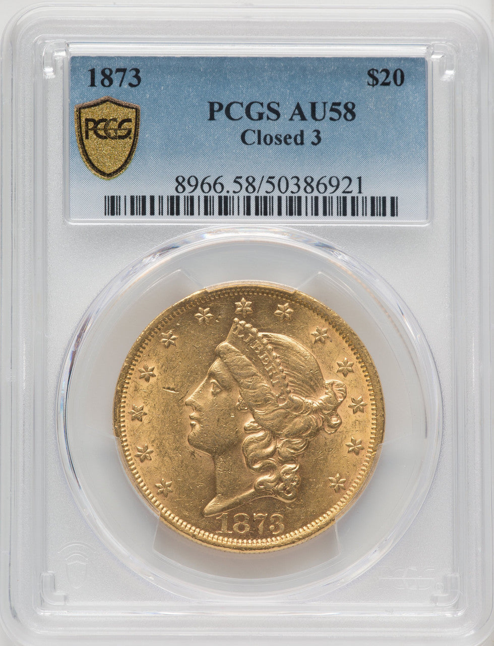 1873 $20 CLOSED 3 Liberty Double Eagle PCGS AU58