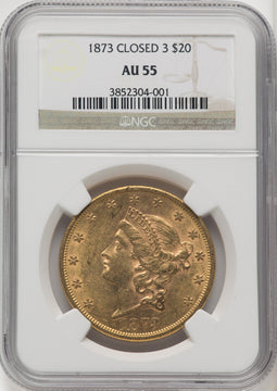 1873 $20 CLOSED 3 Liberty Double Eagle NGC AU55