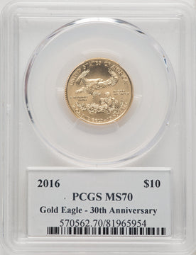 2016 $10 Quarter-Ounce Gold Eagle 30th Anniversary Augustus Saint Gaudens Signature PCGS MS70