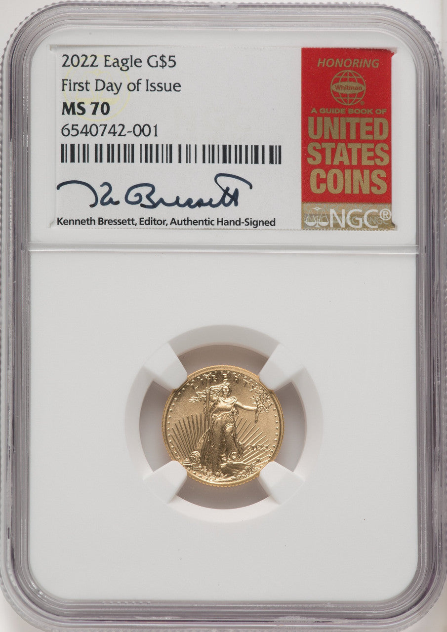 2022 $5 Tenth Ounce Gold Eagle FDI FDI Kenneth Bressett Red Book NGC MS70