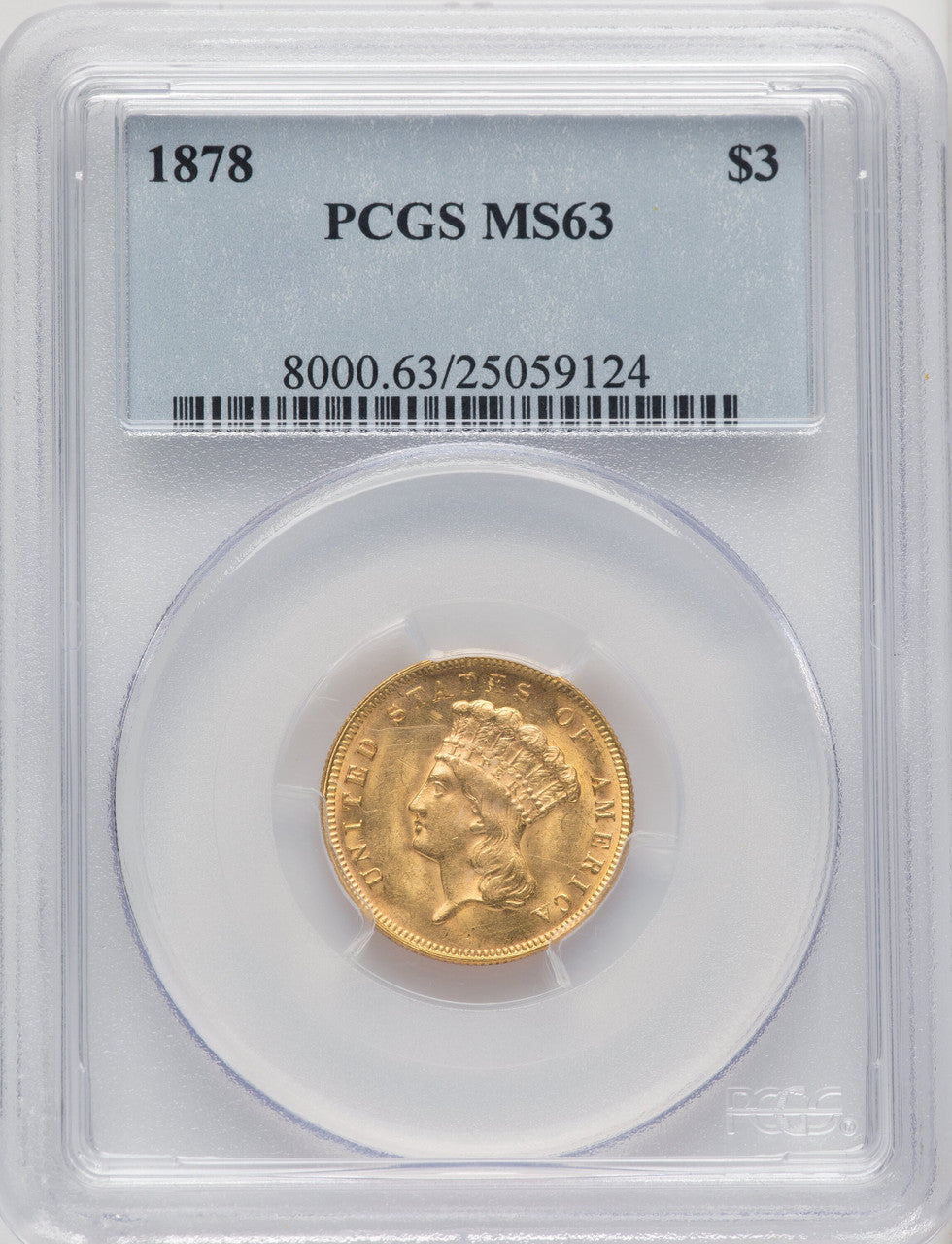 1878 $3 Three Dollar Gold Pieces PCGS MS63 (771004002)