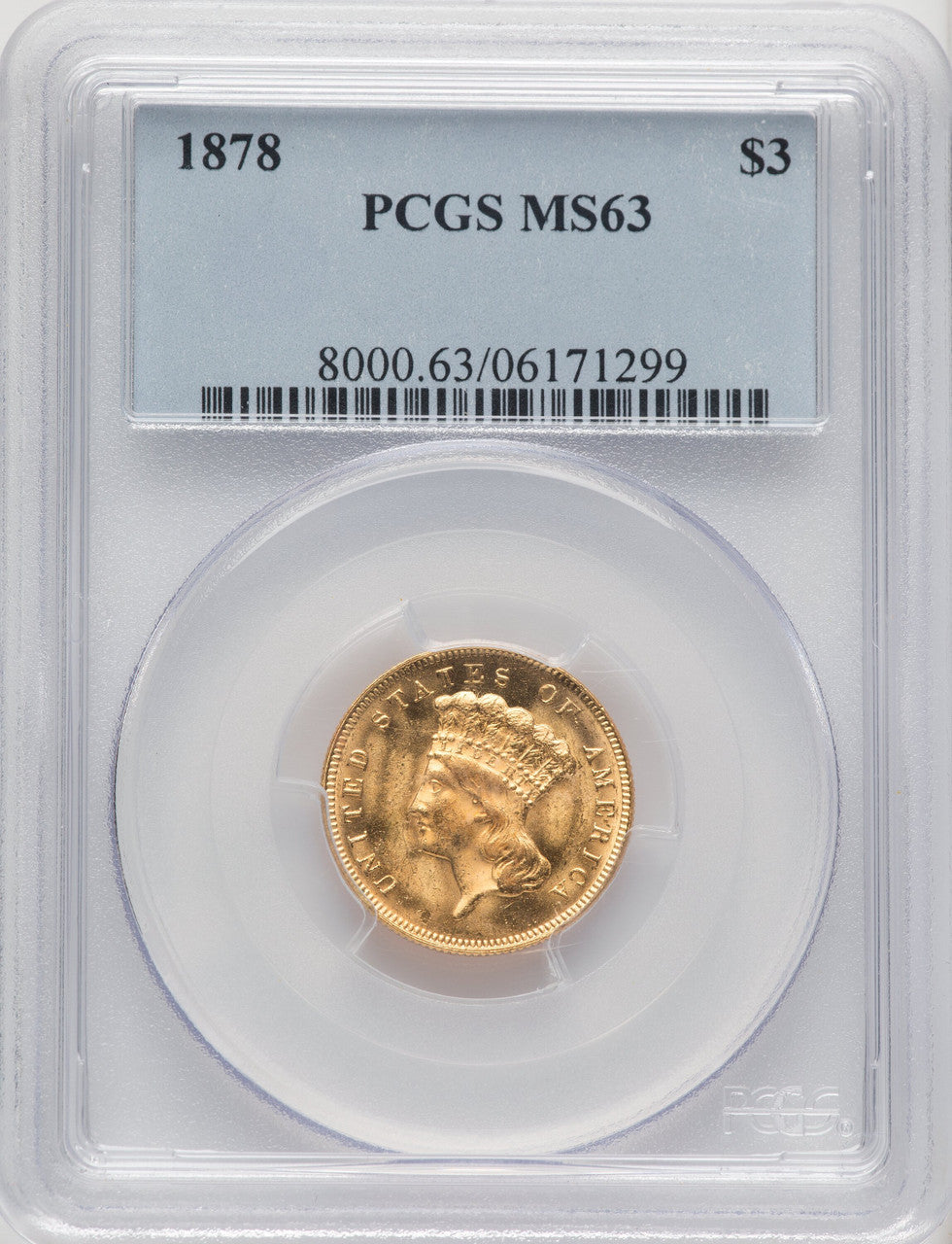 1878 $3 Three Dollar Gold Pieces PCGS MS63 (771004003)