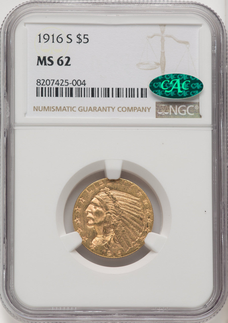 1916-S $5 Indian Half Eagle CACG MS62