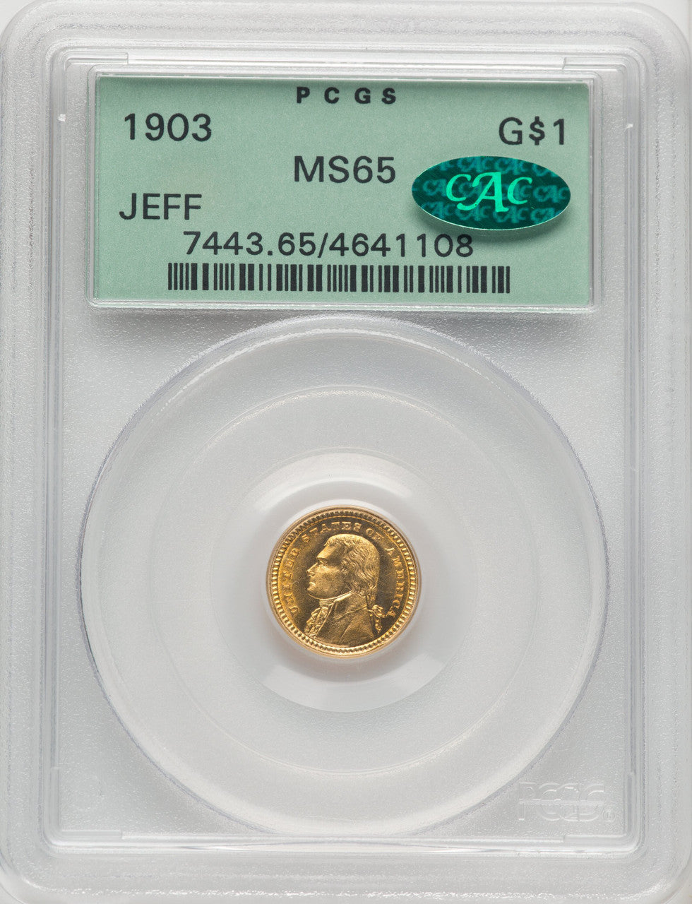 1903 G$1 JEFF CAC Commemorative Gold PCGS MS65