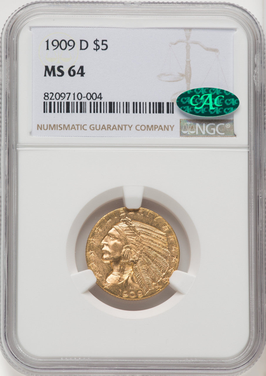 1909-D $5 CAC Indian Half Eagle NGC MS64 (506558006)