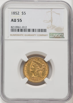 1852 $5 Liberty Half Eagle NGC AU55