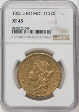 1866-S $20 NO MOTTO Liberty Double Eagle NGC XF45