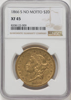 1866-S $20 NO MOTTO Liberty Double Eagle NGC XF45