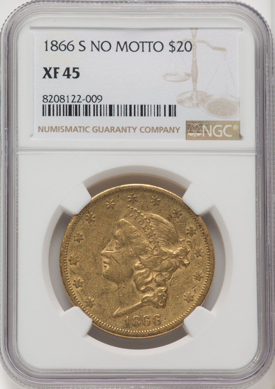 1866-S $20 NO MOTTO Liberty Double Eagle NGC XF45