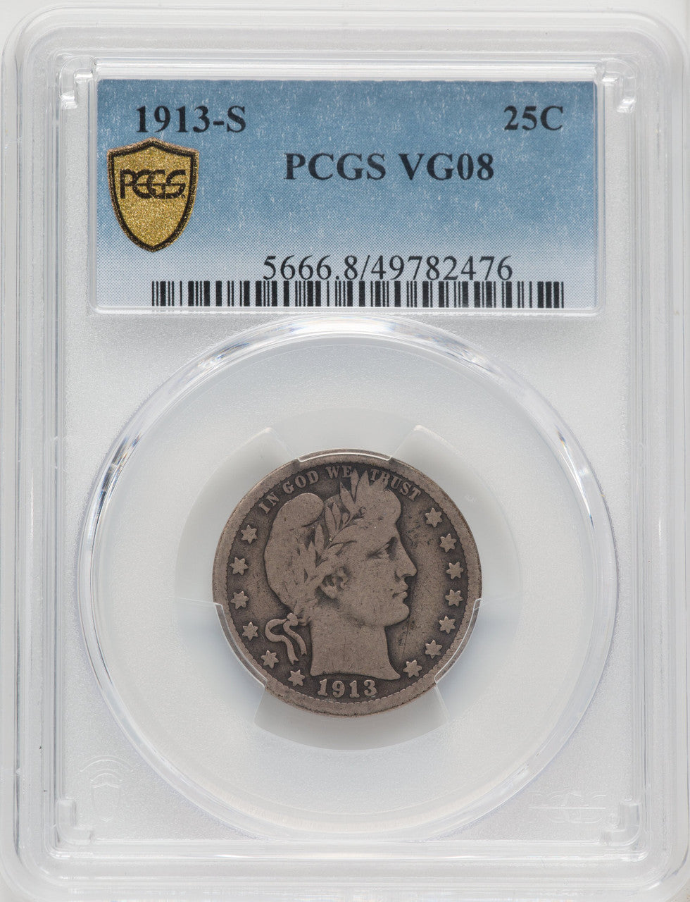 1913-S 25C Barber Quarter PCGS VG8