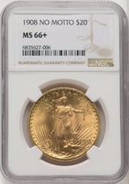 1908 $20 NO MOTTO Saint-Gaudens Double Eagle NGC MS66+ (767025007)