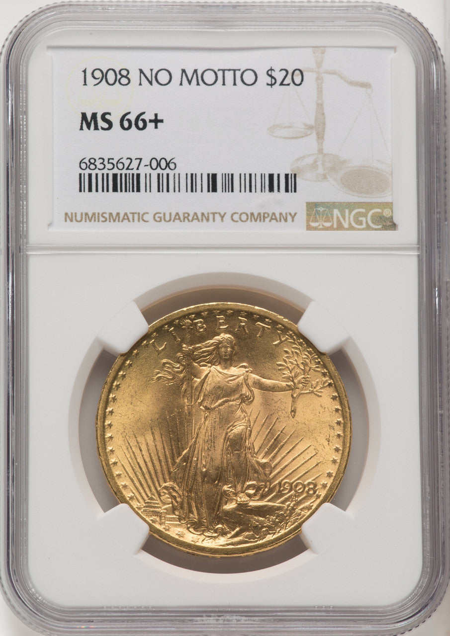 1908 $20 NO MOTTO Saint-Gaudens Double Eagle NGC MS66+ (767025007)