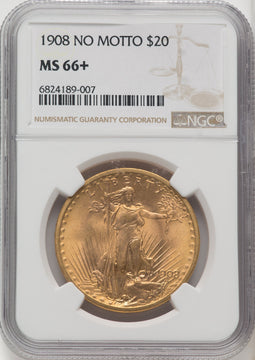 1908 $20 NO MOTTO Saint-Gaudens Double Eagle NGC MS66+ (768414014)