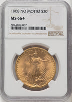 1908 $20 NO MOTTO Saint-Gaudens Double Eagle NGC MS66+ (768414014)
