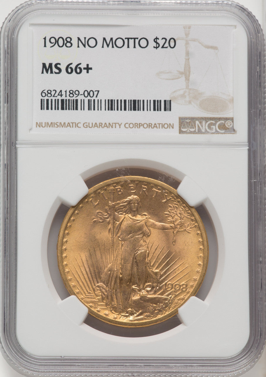 1908 $20 NO MOTTO Saint-Gaudens Double Eagle NGC MS66+ (768414014)